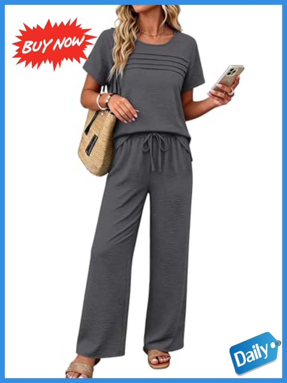 Linen Look 2 Piece Lounge Set Pleated Top Wide Leg Pants